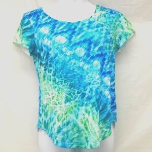 Beaded Short Sleeve T-shirt Top Blue Green Watercolor Animal Print